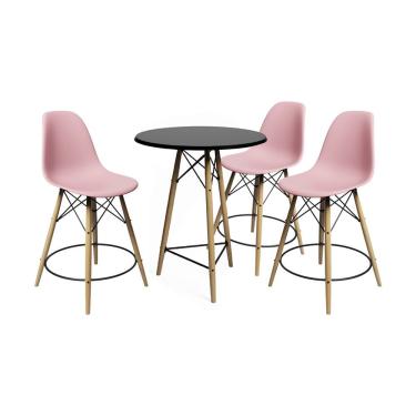 Imagem de Kit Banqueta Bistrô Eames Eiffel Madeira Maciça Assento Plástico Polipropileno 70 cm Preto Rosa Casa Prime