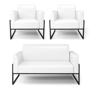 Imagem de Sofá Namoradeira Com 2 Poltronas Base Industrial Alta Preto Marisa Corano Branco D03 - D\'rossi