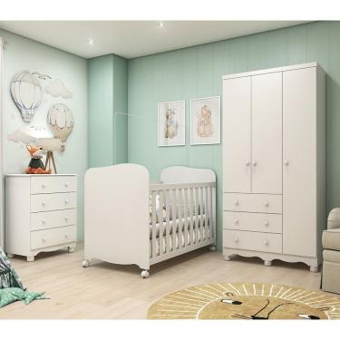 Imagem de Quarto De Bebê Com Guarda Roupas 3 Portas Cômoda E Berço Com Rodizio Mimo 100% Mdf Espresso Móveis Branco Brilho