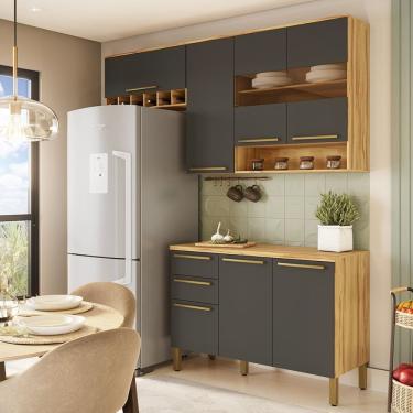 Imagem de Cozinha Modulada Compacta 3 Peças 7 Portas 2 Gavetas Com Tampo E Vidro Reflecta 100% Mdf Itália Espr Amêndoa-chumbo