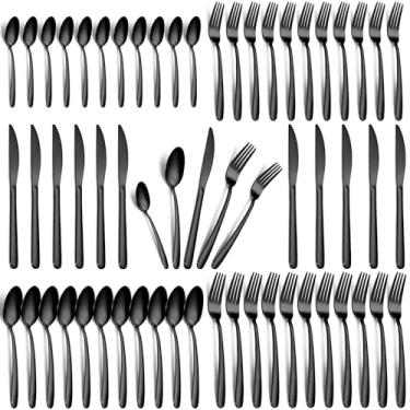 Imagem de hunnycook Conjunto De Talheres Preto Com 60 Peças Para 12 Pessoas, Aço Inoxidável, Inclui Garfos, Colheres E Facas, Conjuntos Utensílios Cozinha Restaurante, Lavável Na Máquina Lavar Louça