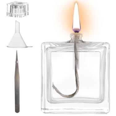 Imagem de GXFCCYXT Lâmpada De Óleo Vidro Transparente Recarregável Pequena Quadrada 3,4 Oz, Velas Sem Perfume Para Restaurantes Finos Ou Residências, Pavio Algodão E Suporte Incluídos