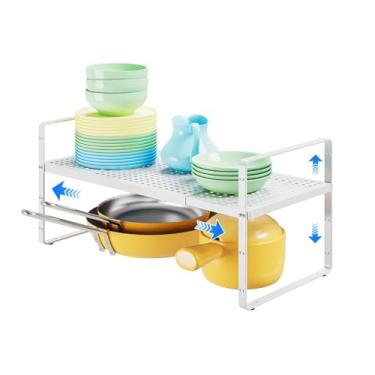 Imagem de KIKIBRO Organizadores expansíveis de prateleira de armário, organizador de rack pequeno de cozinha para copborad de bancada, branco, 1 pacote