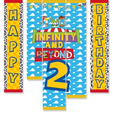Imagem de "Conjunto de faixa decorativa de aniversário Two Infinity and Beyond, suprimentos de festa de aniversário com tema de brinquedo e história, faixa de aniversário com tema de brinquedo para meninos e
