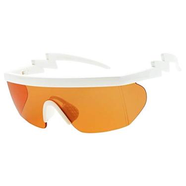 Imagem de ShadyVEU Óculos de sol semi-aro neon arco-íris lentes espelhadas proteção UV retrô anos 80 sombra torta ziguezague parafuso braço, White Frame W/ Orange Lens, Large
