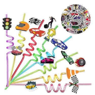 Imagem de 24 PÇS Canudos de Verão Praia Beber para Bola Piscina Praia Decorações de Festa de Aniversário Canudos de Plástico Reutilizáveis com 2 Peças Escovas de Limpeza (Carro de Corrida)