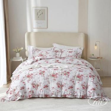 Imagem de VM VOUGEMARKET Conjunto de capa de edredom de flores de jardim king romântico com babados, microfibra macia, botânica, capa de edredom com 2 fronhas para meninas e mulheres