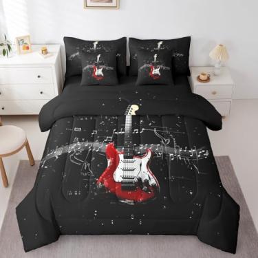 Imagem de Homewish Jogo de cama solteiro, 7 peças, guitarra vermelha, hip pop, tema musical, preto, reversível, lençol de cima + lençol com elástico + 2 fronhas + 2 fronhas