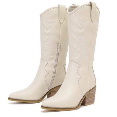 Imagem de Ruiee Botas femininas caubói, cano médio, cowgirl, salto grosso, bico fino, confortável, casual, moda, cano alto, cano alto, para mulheres., Branco PU 977, 35