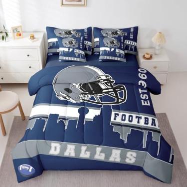 Imagem de Erosebridal Jogo de cama solteiro de futebol americano, 7 peças, para meninos e meninas, jogo de lençol de rúgbi azul, decoração de quarto de fãs de futebol americano, jogo de cama para competição de