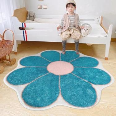 Imagem de TEMBR Tapete redondo em forma de flor azul-petróleo, tapetes macios e confortáveis para quarto, sala de estar, tapete circular lavável fofo para quarto de crianças, tapete antiderrapante para entrada