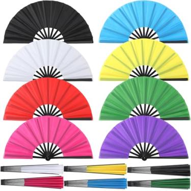 Imagem de Weysat 8 pacotes grandes de leques de rave dobráveis para dança em linha, 33 cm de tecido multicolorido, ventiladores de mão para homens/mulheres, dobrável, portátil para decoração de festa dançante