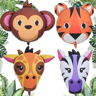 Imagem de Large Safari Animal Balloons Kit (23–34 In), 4pcs Colourful Tiger Giraffe Zebra Monkey Head Foil Balloons for Kid Boys Jungle Safari Wild One Birthday Zoo Woodland Themed Baby Shower Party Decorations