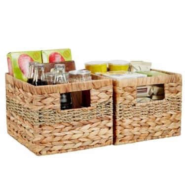 Imagem de Bagnizer Cestas de jacinto de água tecidas à mão, organizadores de despensa e armazenamento com alças, cestas decorativas de vime para organizar prateleiras, lavanderia (pacote com 25,4 x 21,6 x 17,8