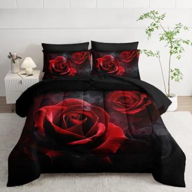 Imagem de Nttopship Conjunto de edredom com estampa de rosa vermelha, tamanho casal, 7 peças, para amantes de flores românticas, conjunto de lençol de cama para meninas, meninos, crianças, microfibra