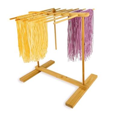Imagem de Estante de secagem de macarrão de bambu com varinha de transferência e 14 braços, suporte grande alto dobrável para secador de macarrão fresco para macarrão caseiro, espaguete, tagliatelle, suporte