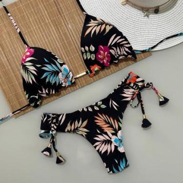 Imagem de Biquini Cortininha Com Calcinha Fio Duplo Preto Florido - Naykle, Pret