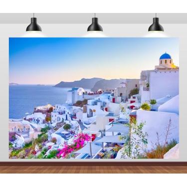 Imagem de Loccor Pano de fundo de tecido de 2,1 x 1,5 m na Grécia, pano de fundo da vila de Oia, costa do mar Egeu, ilha de Santorini, fundo de casa branca, retrato de amantes adultos na Grécia, viagem, férias