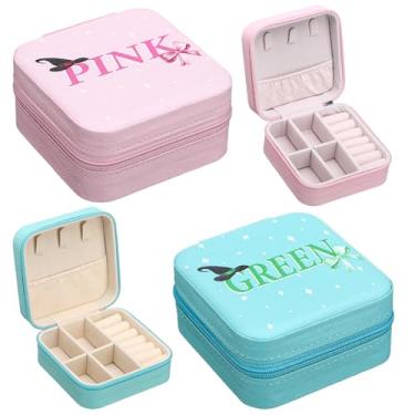 Imagem de Weysat 2 caixas de joias de princesa bruxa, verde e rosa, caixas de joias de viagem, lembrancinha de festa de aniversário, presente de amizade, para Halloween, meninas, mulheres, pulseira, colar