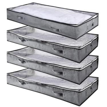 Imagem de 4 caixas de armazenamento embaixo da cama, organizadores de roupas dobráveis com parte superior transparente, fecho de zíper duplo, alças frontais e laterais, roupas de loja, cobertores, brinquedos