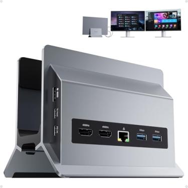 Imagem de PULWTOP Estação de ancoragem USB C 11 em 1, monitor duplo, base vertical para laptop com 2 x HDMI 4K 60Hz, 3 x USB A/C 10Gbps, 2 x USB A 5Gbps, USB A 2.0, Ethernet, estação de ancoragem PD3.0 para