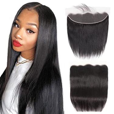 Imagem de 33 x 10 cm Fecho frontal de renda transparente 12 A, cabelo humano virgem brasileiro não processado, frente amarrada à mão, peça sem renda suíça, 30,5 cm, fecho frontal de renda lisa sedosa para mulheres negras, fecho frontal de renda pré-arrancada, nós descoloridos, cor preta natural