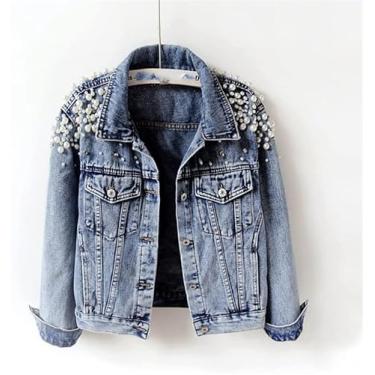 Imagem de Jaqueta Jeans Feminina - Cor Sólida Beading Elasticidade Jaqueta Jeans, Loose Big Pocket Water Wash Long Sleeve Short Women, Casual Single-breasted Slim Fit Streetwear, Blue, S