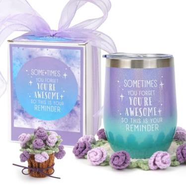 Imagem de Copo de vinho isolado a vácuo de 340 g com porta-copos de crochê, copo de vinho de aço inoxidável com tampa, parede dupla para viagem, café mantém bebidas frias quentes, presente de aniversário para