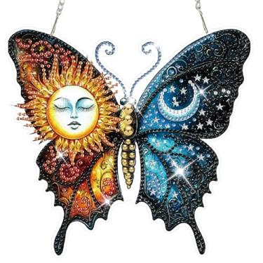 Imagem de HEIBAGO Kits de arte de diamante para pendurar borboletas para adultos, sol e lua 5D kit de ornamentos de pintura de diamante de cristal de formato especial, pingente de janela de padrão frente e