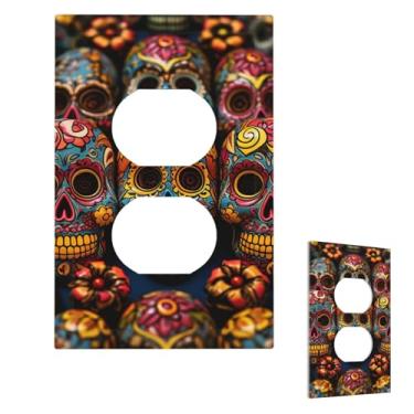 Imagem de Placas de parede coloridas com caveiras de açúcar, capas de tomada decorativas, tamanho padrão, 1 gangue 7,6 cm x 12,7 cm, placa frontal de plástico para decoração de quarto e casa