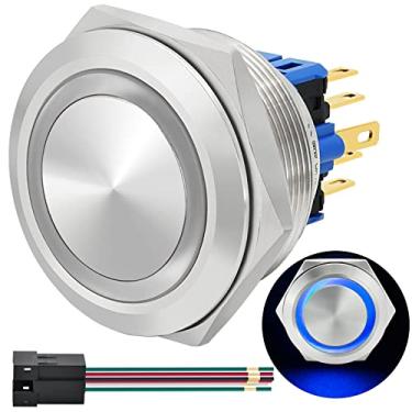 Imagem de ZJWZJH Interruptor De Botão Momentâneo 30 Mm Spdt Dpdt, Cabeça Grande, À Prova D'Água, Com Led 12 V, Olho Anjo, Metal, Aço Inoxidável, Soquete Furo 1,18" (Momentâneo, 24 Azul)