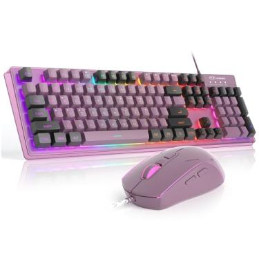 Imagem de Combo de teclado e mouse para jogos, teclado retroiluminado por LED RGB K1 com 104 teclas, teclado de jogos para PC/laptop (groselha)