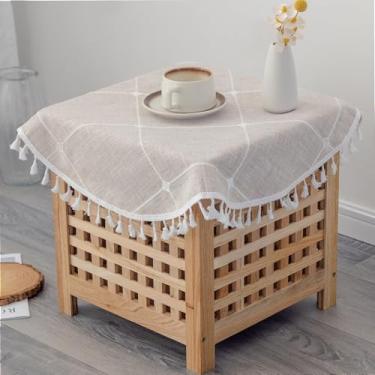 Imagem de YZKITM Toalha de mesa redonda pequena de linho de algodão 61 cm, sem rugas, lavável, xadrez, com borlas, marrom, rústica, pesada para mesa de cabeceira, sala de jantar, casamento