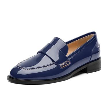 Imagem de NUMALEO Mocassins femininos Penny Loafers & Slip-ons Fechados Bico Redondo Sapatos de Salto Baixo 2,5 cm Patente Moda Sapatos Casuais Confortável Trabalho Escritório Sapatos Elegantes, Azul marinho