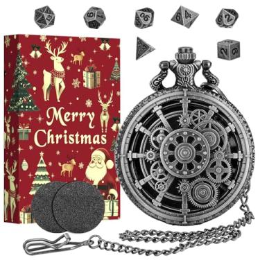 Imagem de Mini DND Dice Set with Steampunk Hollow Gear Pocket Watch Shell Case, 7 PCS Metal Polyhedral D&D Dice Set, Xmas Gifts with Gift Box, Role Playing Board Game Accessories, Silver