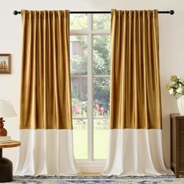 Imagem de Cortinas de veludo 213 cm de comprimento para sala de estar dourado creme marfim, 2 painéis, cortinas blackout modernas, bloco de cores, bolso traseiro, varão, cortinas à prova de som, para decoração