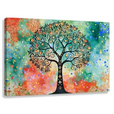 Imagem de Árvore da Vida Arte de parede Impressão em tela Natureza vibrante Decoração Fotos Pintura Verde Laranja Sala de estar Quarto 45x30cmx1