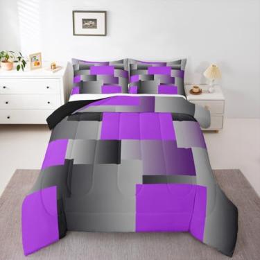 Imagem de Erosebridal Conjunto de cama geométrico abstrato, roxo, cinza, para crianças, meninos, meninas, estilo moderno, quadrado, geométrico, geométrico, geométrico, geométrico, arte de renderização, edredom