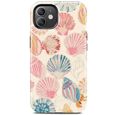 Imagem de Linda capa de telefone rosa arte concha para iPhone 12 e iPhone 12 Pro, compatível com Magsafe, moda oceano verão litoral praia estética magnética fina à prova de choque capa protetora feminina menina