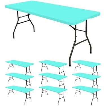 Imagem de Pacote com 10 toalhas de mesa ajustadas para mesas retangulares de 1,8 m, capa de mesa elástica azul aqua para piquenique ao ar livre, toalhas de mesa dobráveis laváveis de 1,8 m para acampamento