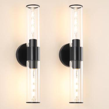 Imagem de Arandelas de banheiro preto fosco, iluminação de parede, 2 luzes com fio, arandela moderna conjunto de dois, luz montada na parede para espelho, penteadeira de maquiagem, banheiro, corredor (lâmpadas