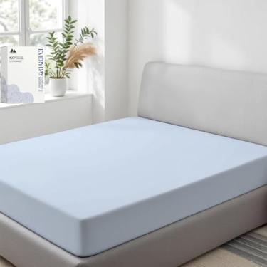 Imagem de Mayfair Linen Lençol Queen 100% algodão orgânico, tecido percal, azul claro, 1 lençol Queen com bolso profundo, serve para colchão de até 40,6 cm, roupa de cama de luxo com certificação GOTS