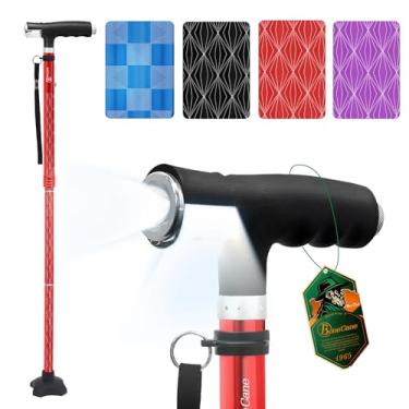 Imagem de BeneCane Bengala de caminhada feminina dobrável para homens com duas luzes de LED, bengala quádrupla com base estável, leve e ajustável