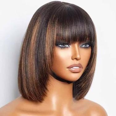 Imagem de oulaer Peruca Highlight Blonde Short BOB 13X4 Lace Glueless Human Hair Wig Brasileira 1b/30 Liso Bob Bone com Franja para Mulheres Peruca de Cabelo Natural Pré-Arrancada 150% Densidade 35 cm