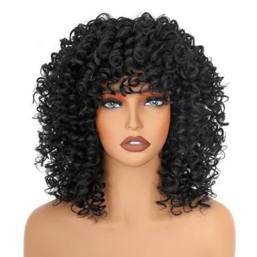 Imagem de PORSMEER Perucas pretas encaracoladas de 35,5 cm para mulheres, perucas curtas e crespos afro encaracoladas com franja Peruca de cabelo sintético resistente ao calor natural macio e macio dos anos 70