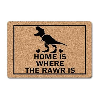 Imagem de Capacho engraçado para porta da frente - Tapete de boas-vindas antiderrapante de 60 x 40 cm com design "Home is Where The RawR is" - Tapete de borracha durável para entrada interna/externa