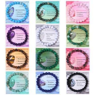 Imagem de FIRAZIO 12 pulseiras femininas com contas de pedras preciosas de 6 mm e 8 mm, semipreciosas, contas redondas, pedras preciosas, pulseiras elásticas, presente de joias, Large, Pedra, Ágata