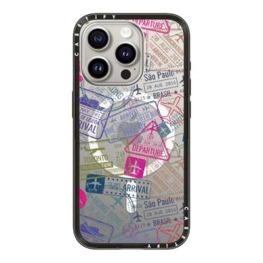 Imagem de CASETiFY Capa compacta para iPhone 15 Pro [fina e elegante/compatível com Magsafe/1,2 m. Proteção contra quedas de nível militar] - Carimbos de viagem - Preto transparente