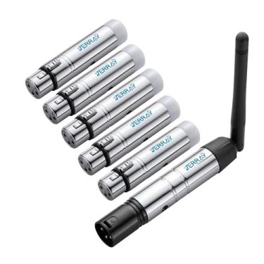 Imagem de 6 peças DMX sem fio, metal 2,4 G DMX512 5 peças receptores fêmeas 1 transmissor para controlador de luz DMX, equipamento de DJ, palco de LED, bar, disco, teatro, concerto, lâmpada de efeito PAR, prata