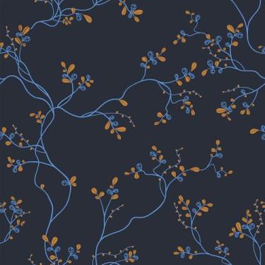 Imagem de VaryFloral Papel de parede floral azul marinho laranja descascar e colar, papel de parede de folhas de ramos estéticos vintage para sala de estar, papel de contato com folhagem de galho botânico para